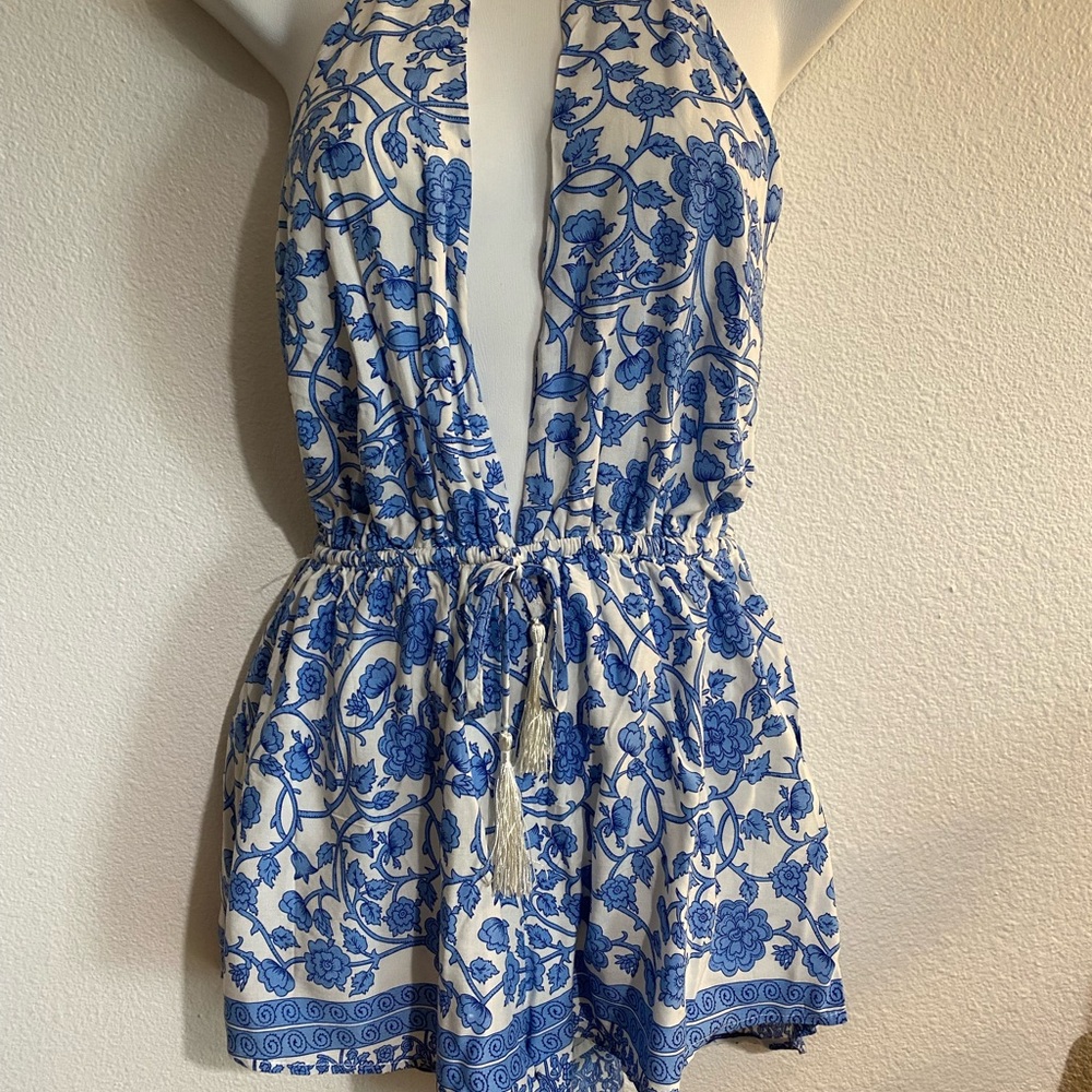 Debbie Dabbie Blue Floral Deep V Halter Jumpsuit/Romper with Tassles